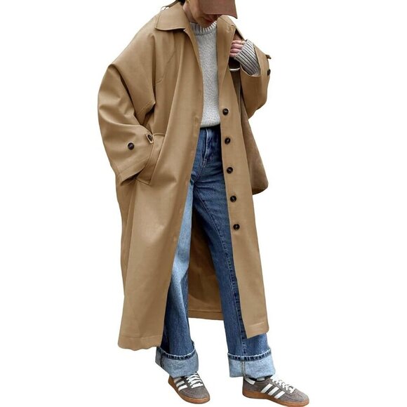 Jackets & Blazers - Women Khaki 1 Long Trench Coat Single Breasted Oversized Windproof Fall Overcoat